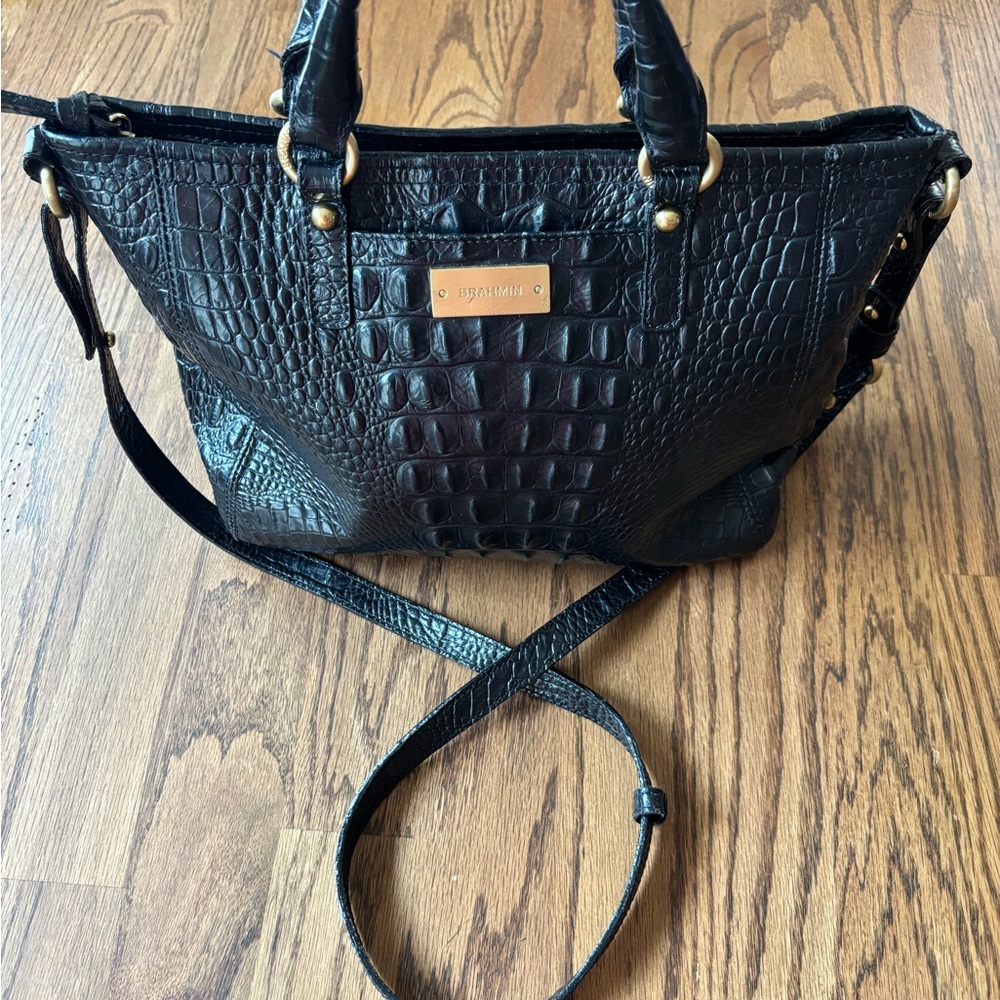 Brahmin Black Croc-Embossed Satchel with Gold Accents